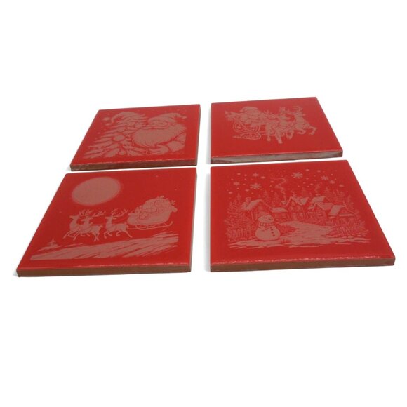 CHRISTMAS Tile Ceramic Engraved Santa Sleigh And Snowman Scenes Set of 4 - Picture 8 of 9